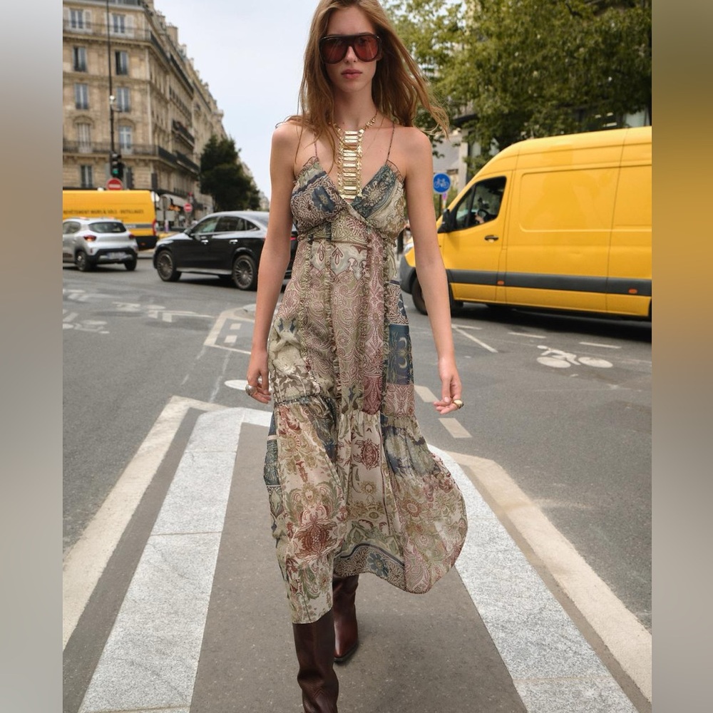ZARA PATCHWORK PRINT MIDI DRESS
